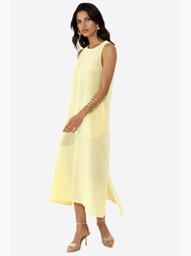 Vestido midi de praia em algodão texturizado com racha hiccup Amarelo-limão - Kiabi