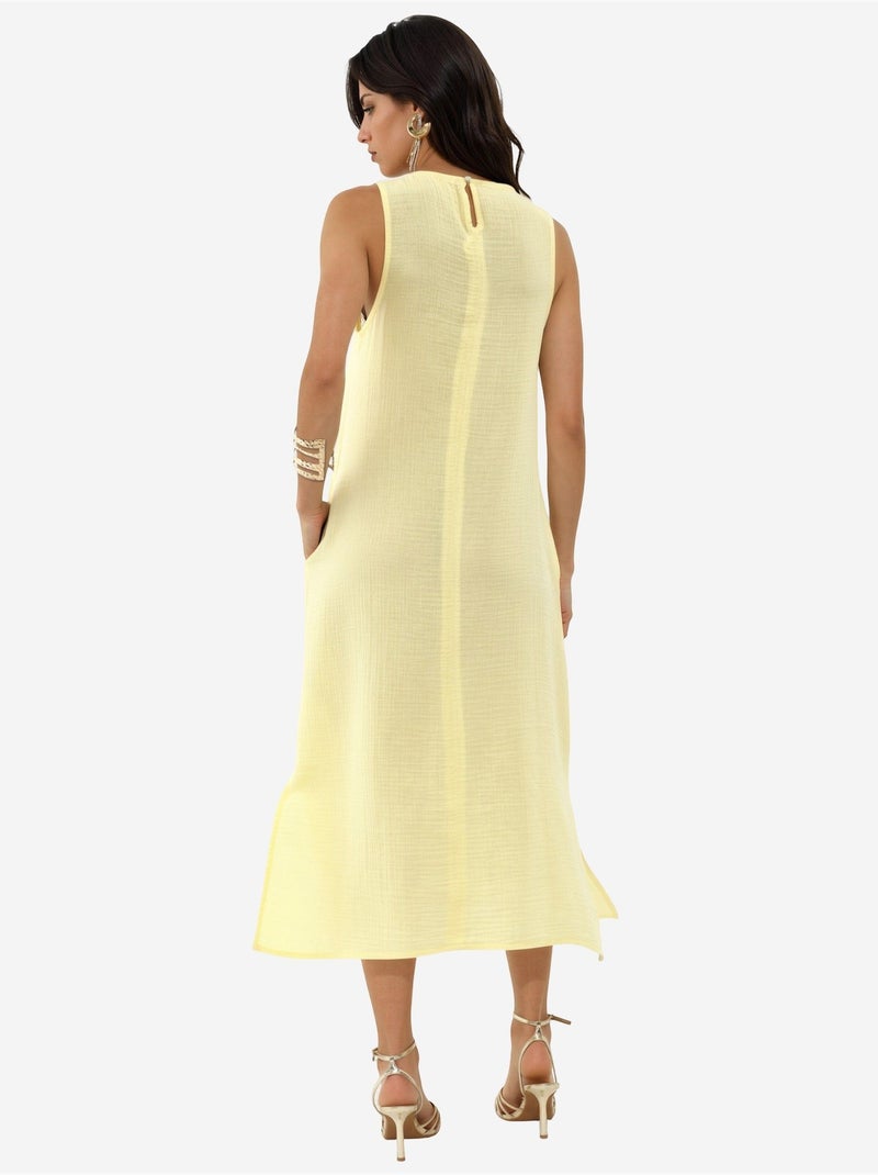 Vestido midi de praia em algodão texturizado com racha hiccup Amarelo-limão - Kiabi