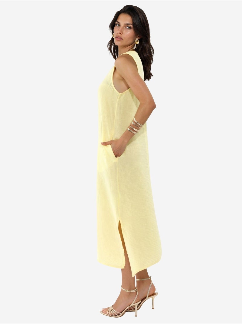 Vestido midi de praia em algodão texturizado com racha hiccup Amarelo-limão - Kiabi