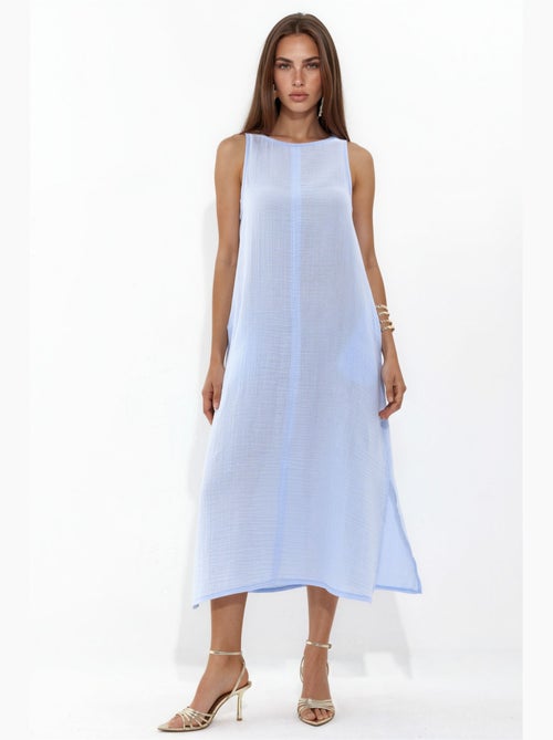 Vestido midi de praia em algodão texturizado com racha hiccup - Kiabi Vestido midi de praia em algodão texturizado com racha hiccup - Kiabi
