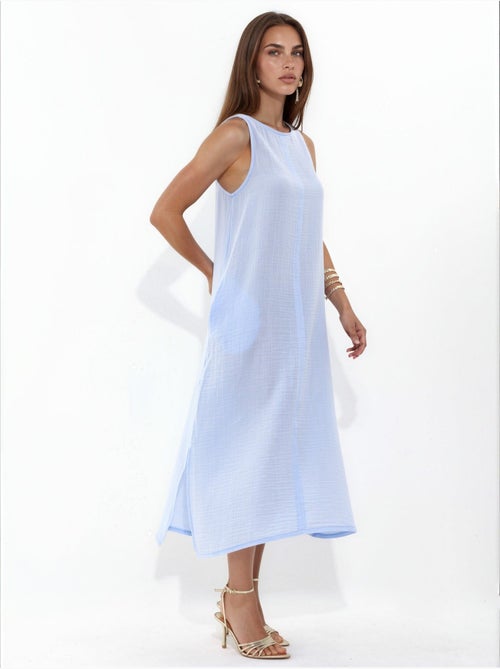 Vestido midi de praia em algodão texturizado com racha hiccup - Kiabi Vestido midi de praia em algodão texturizado com racha hiccup - Kiabi
