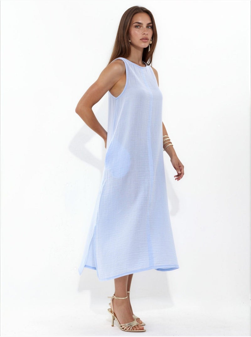 Vestido midi de praia em algodão texturizado com racha hiccup Azul claro - Kiabi