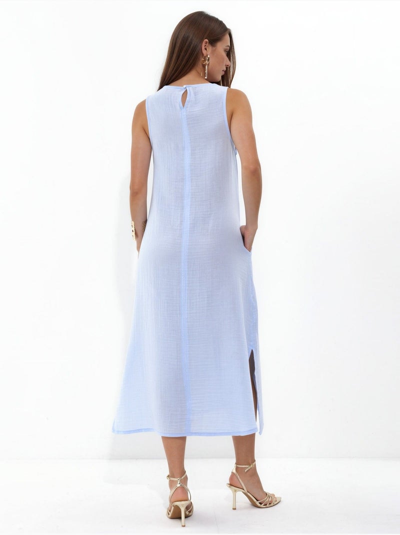 Vestido midi de praia em algodão texturizado com racha hiccup Azul claro - Kiabi