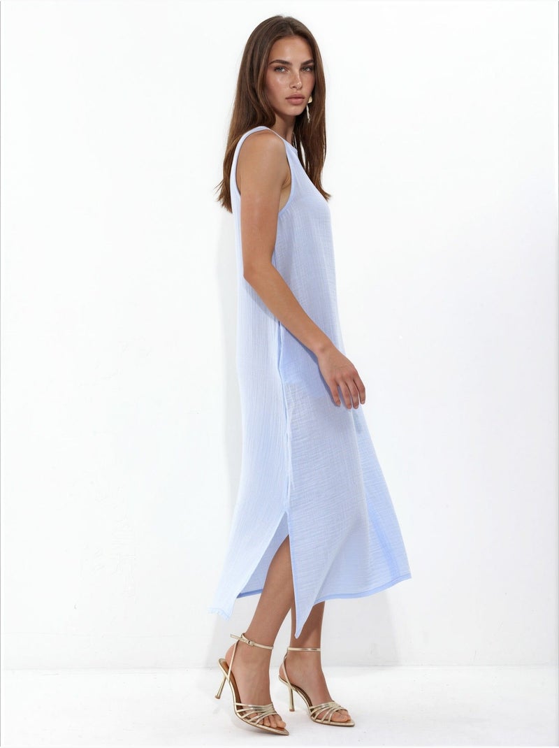 Vestido midi de praia em algodão texturizado com racha hiccup Azul claro - Kiabi
