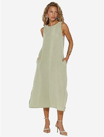 Vestido midi de praia em algodão texturizado com racha hiccup