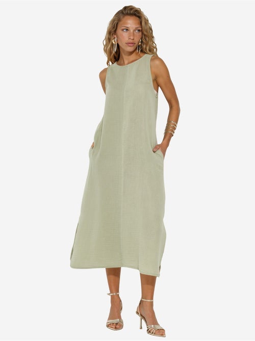 Vestido midi de praia em algodão texturizado com racha hiccup - Kiabi Vestido midi de praia em algodão texturizado com racha hiccup - Kiabi