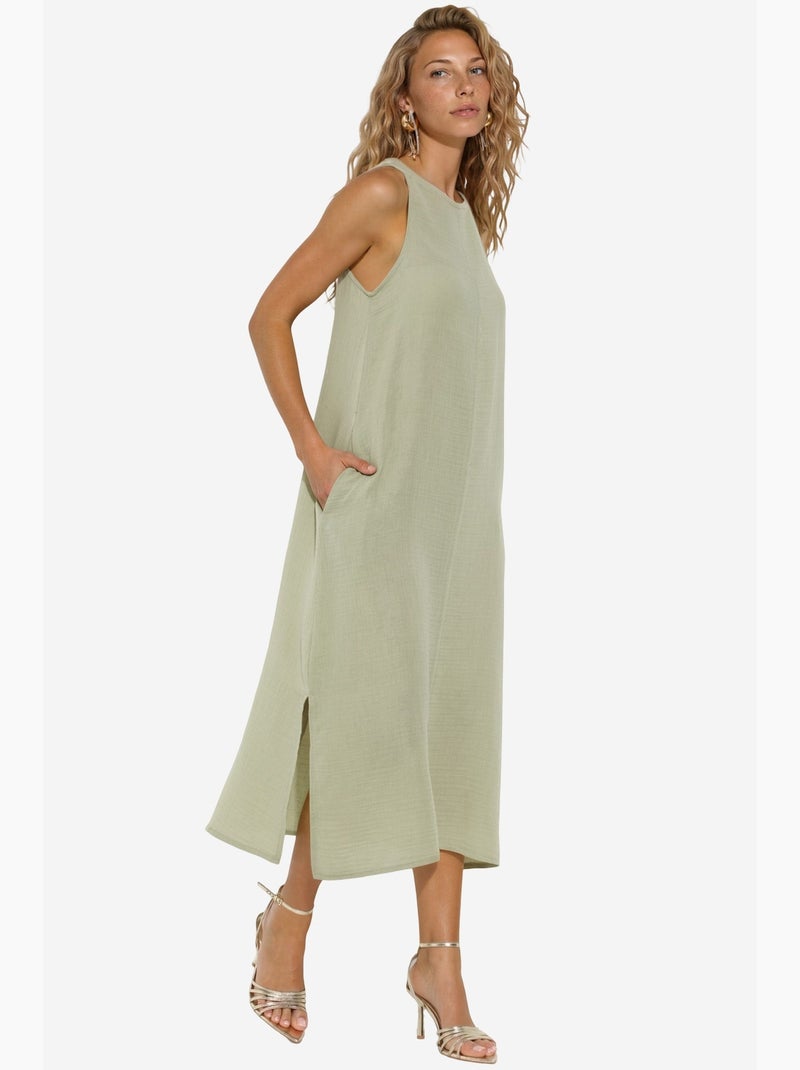 Vestido midi de praia em algodão texturizado com racha hiccup Verde menta - Kiabi