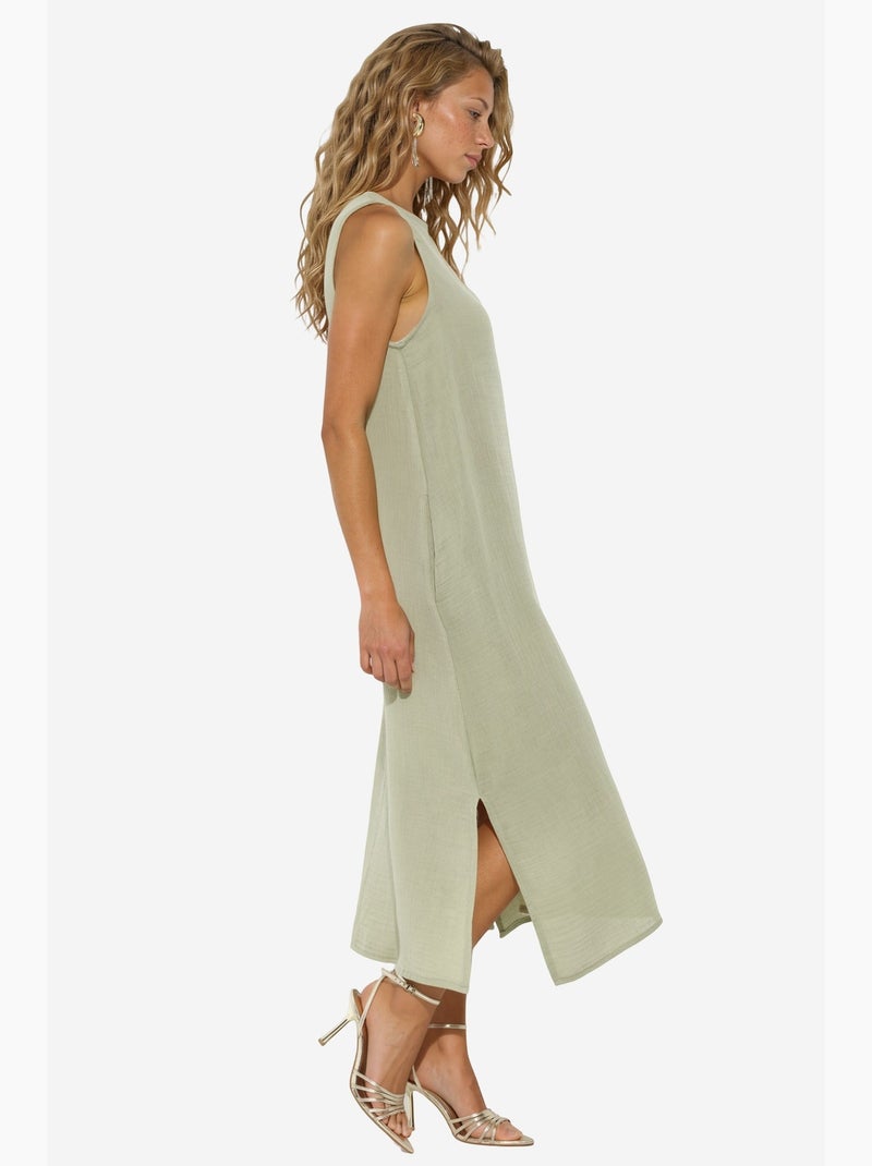 Vestido midi de praia em algodão texturizado com racha hiccup Verde menta - Kiabi
