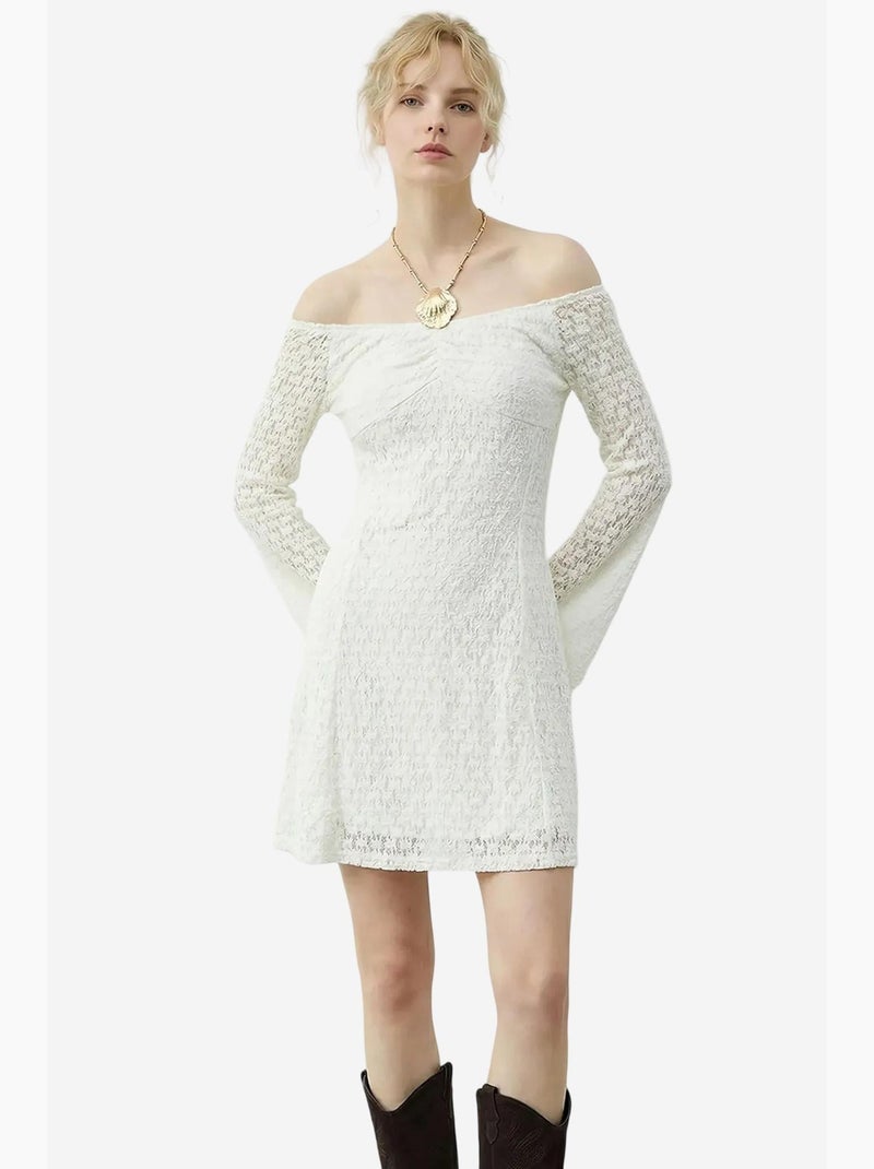Vestido midi de renda com decote em bico lucci Branco - Kiabi
