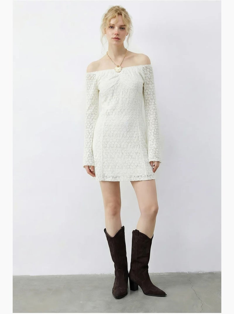 Vestido midi de renda com decote em bico lucci Branco - Kiabi