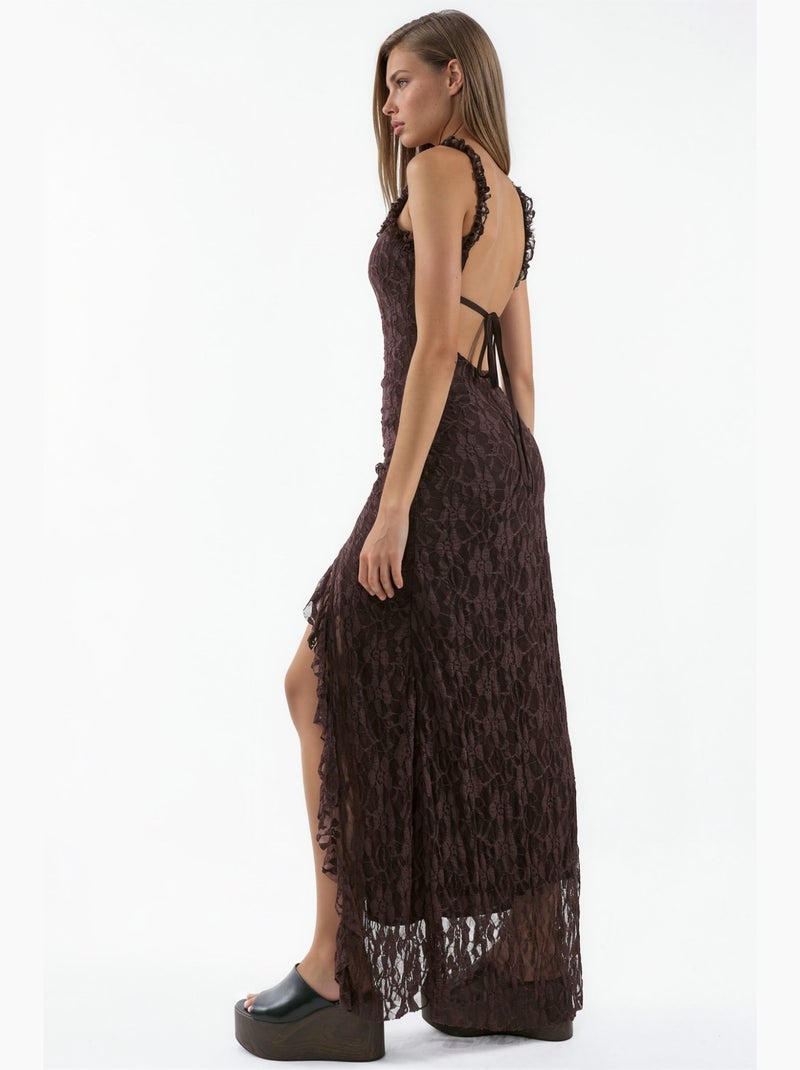Vestido midi de renda hiccup Castanho-chocolate - Kiabi