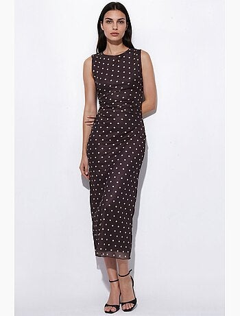 Vestido midi de tule com bolinhas e gola redonda hiccup