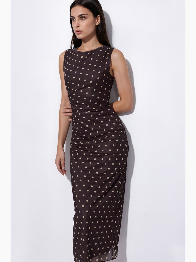 Vestido midi de tule com bolinhas e gola redonda hiccup Castanho-escuro - Kiabi