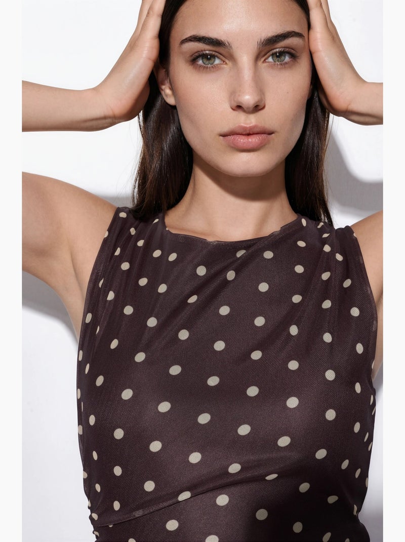 Vestido midi de tule com bolinhas e gola redonda hiccup Castanho-escuro - Kiabi