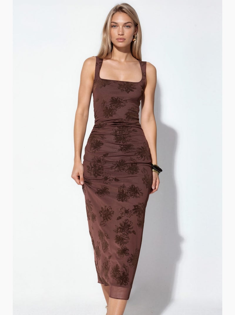 Vestido midi de tule com decote quadrado hiccup Castanho-chocolate - Kiabi