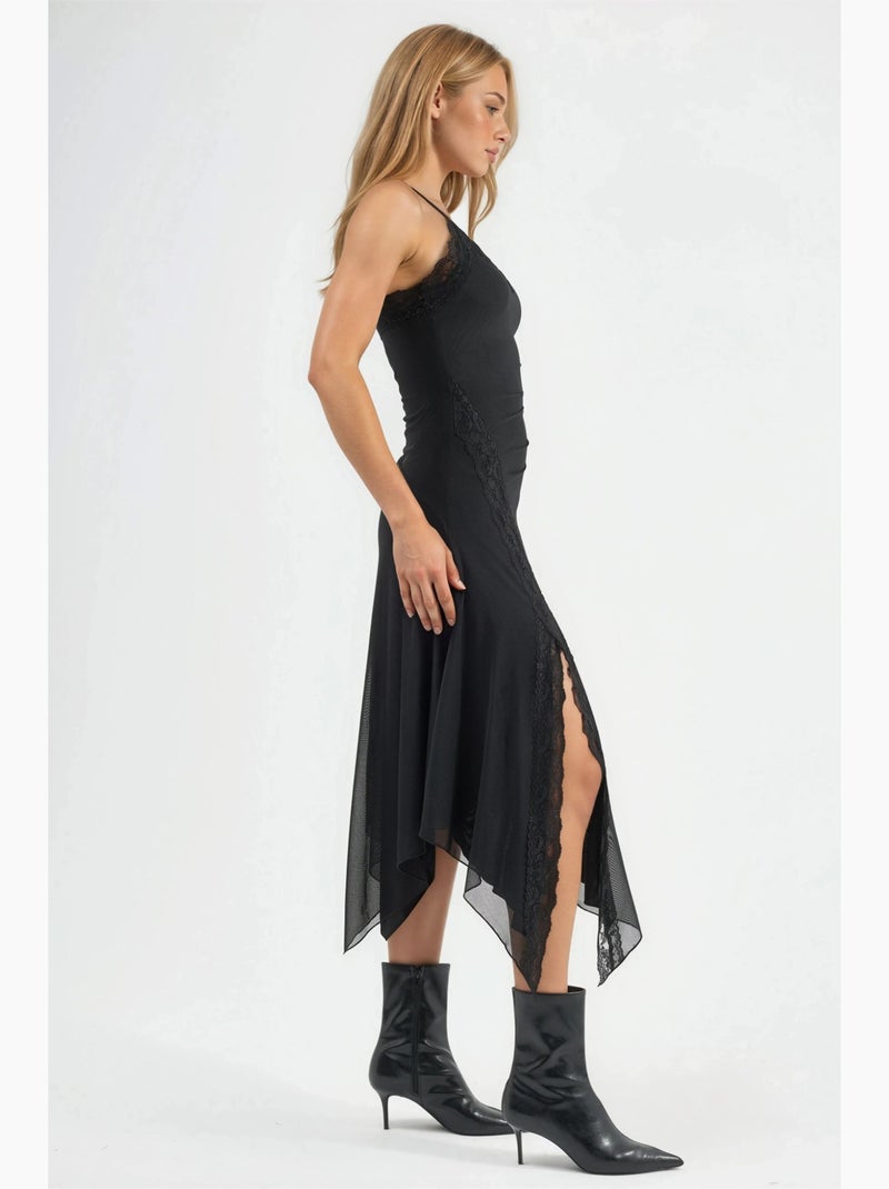 Vestido midi de tule com detalhes em renda hiccup Preto - Kiabi