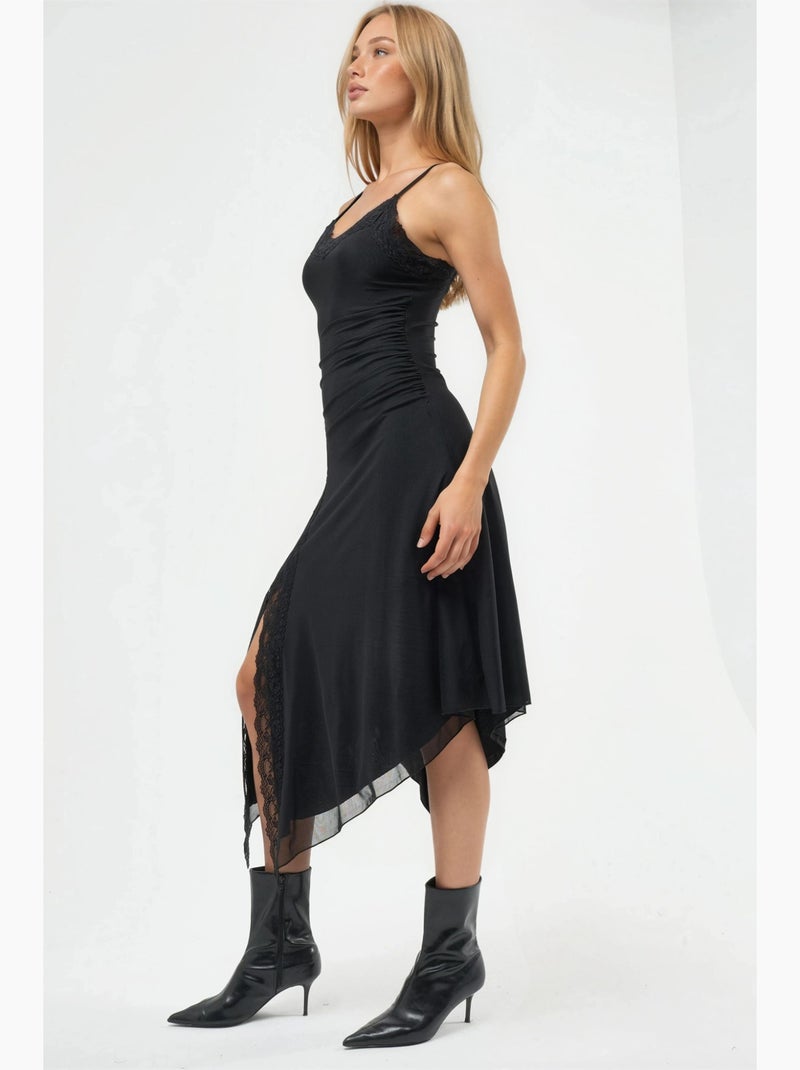 Vestido midi de tule com detalhes em renda hiccup Preto - Kiabi