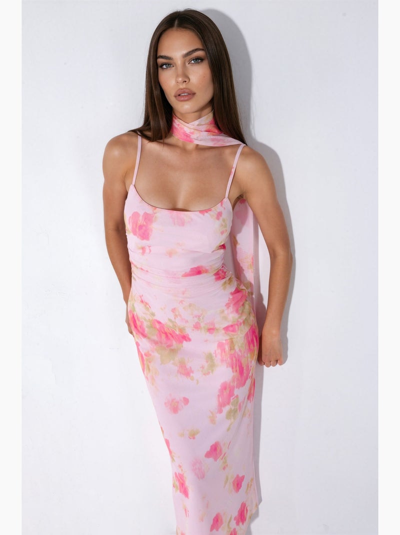 Vestido midi de tule estampado com detalhe de lenço hiccup Rosa-claro - Kiabi