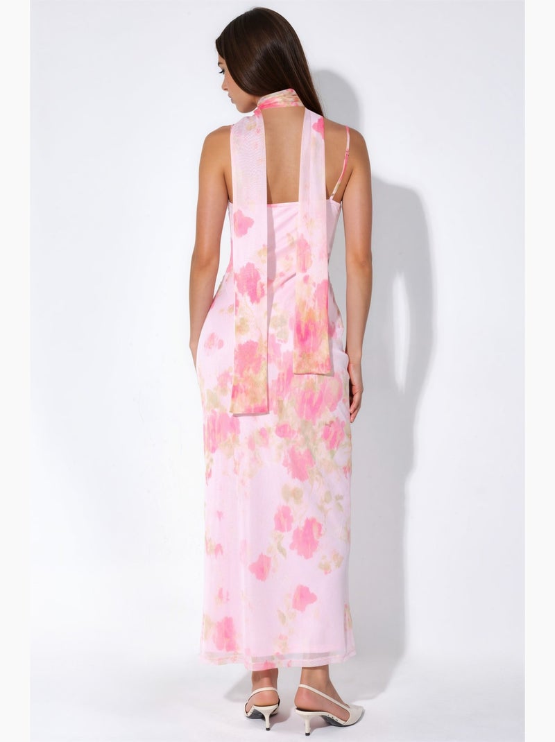 Vestido midi de tule estampado com detalhe de lenço hiccup Rosa-claro - Kiabi