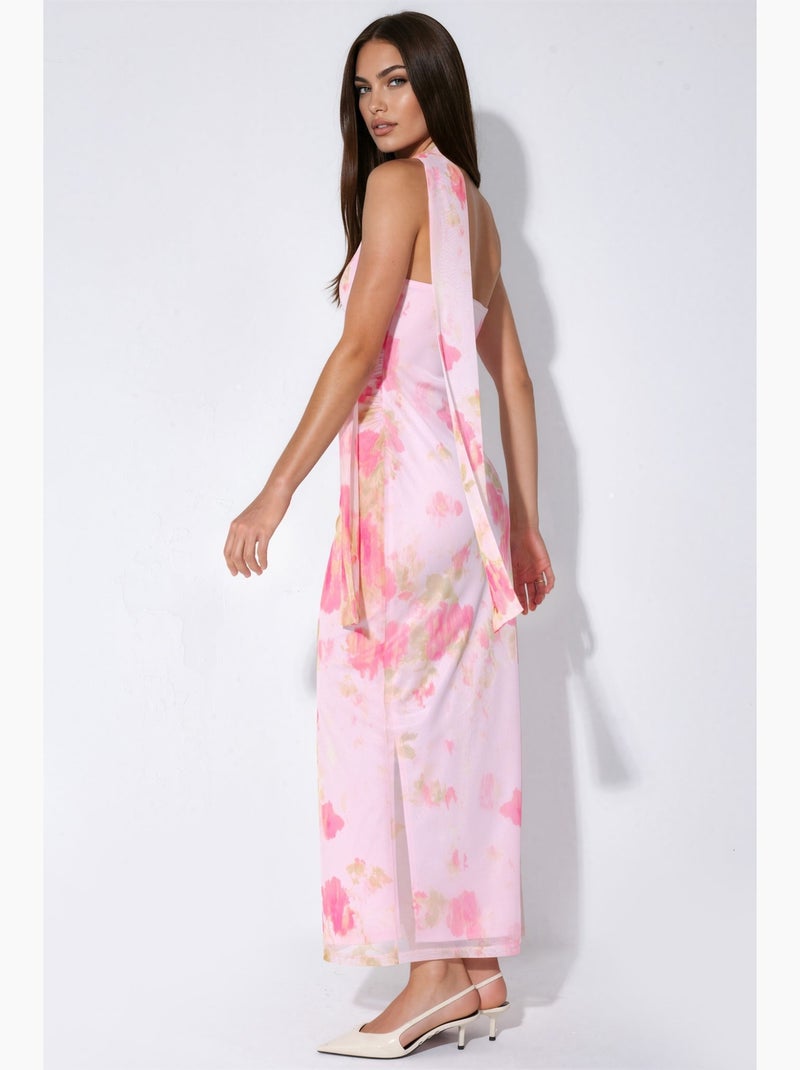 Vestido midi de tule estampado com detalhe de lenço hiccup Rosa-claro - Kiabi