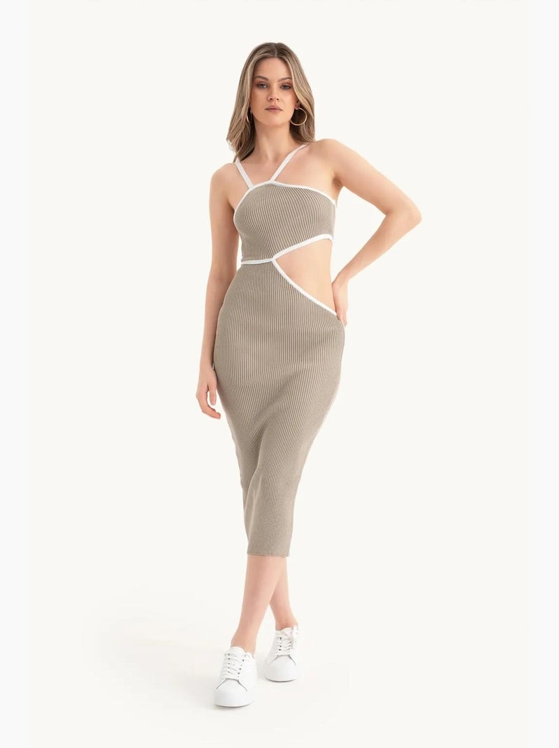 Vestido midi de um ombro só com recorte lateral hiccup Bege natural - Kiabi