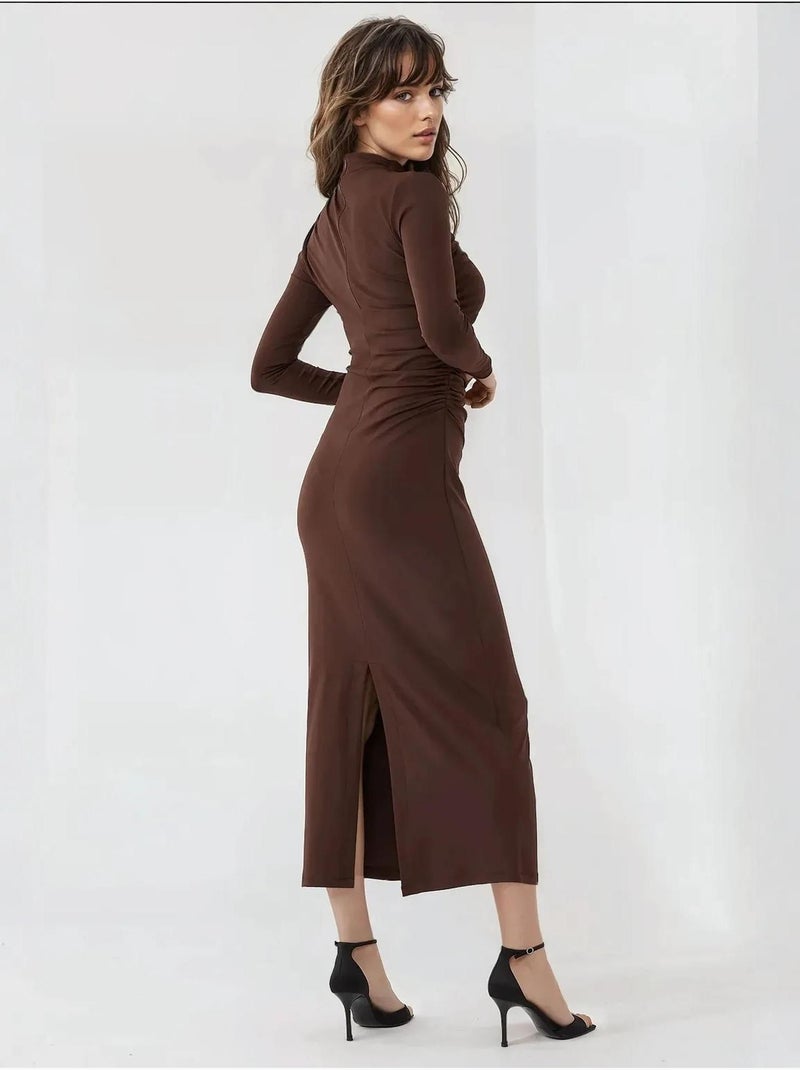 Vestido midi drapeado justo Castanho - Kiabi