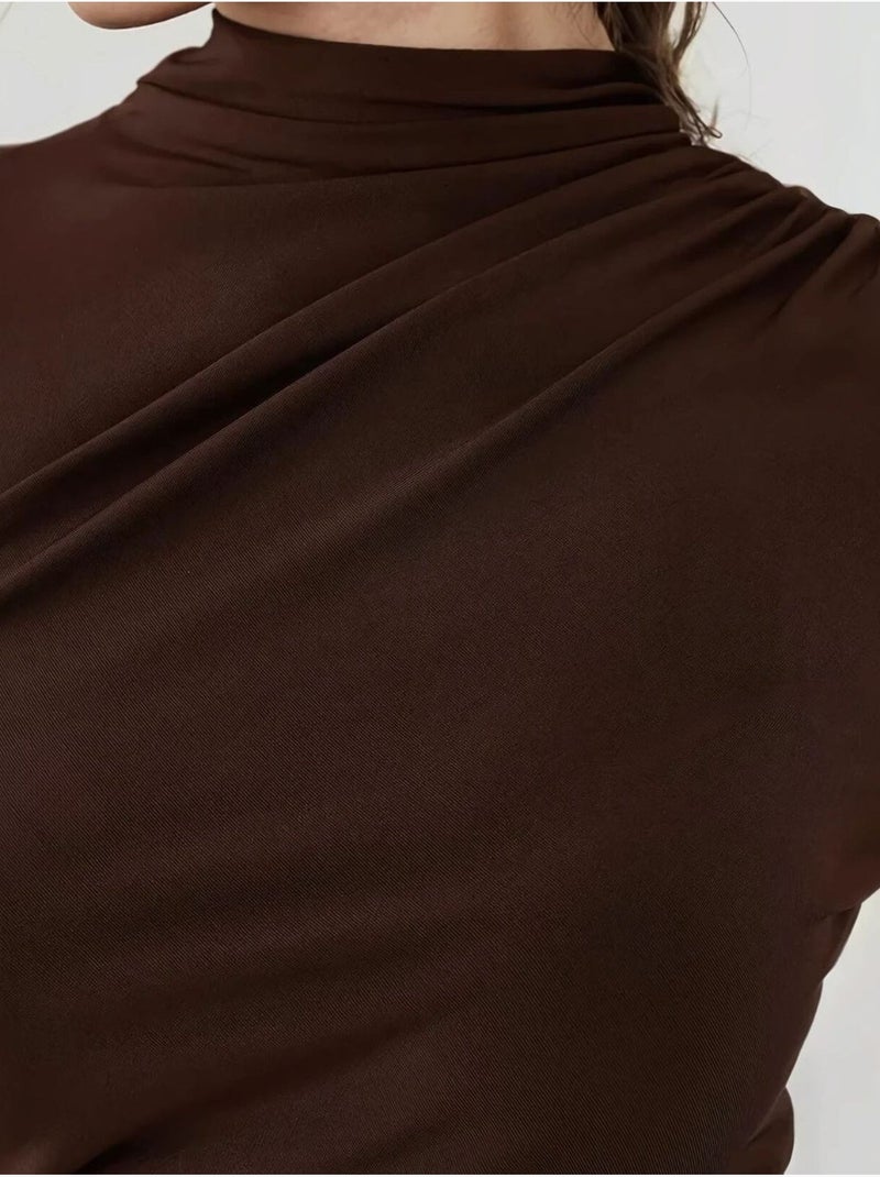 Vestido midi drapeado justo Castanho - Kiabi