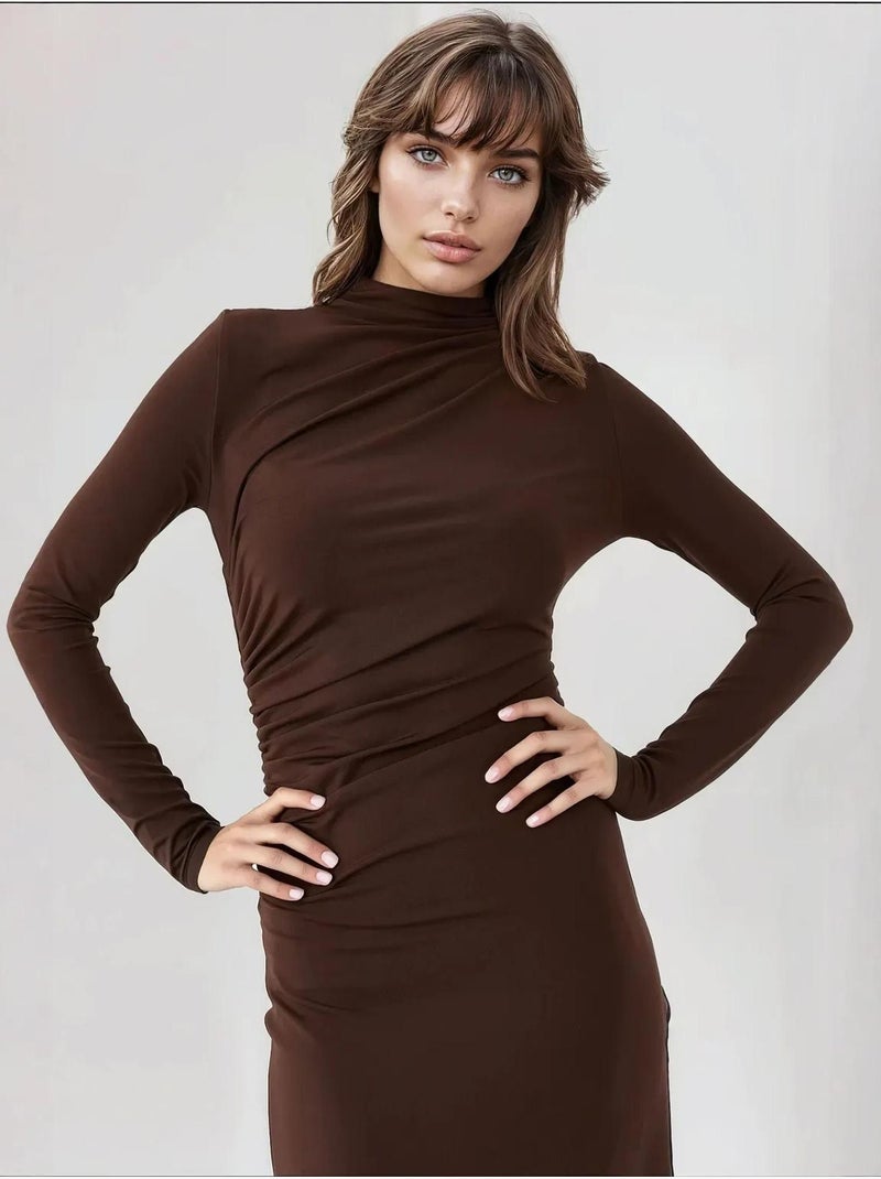 Vestido midi drapeado justo hiccup Castanho - Kiabi