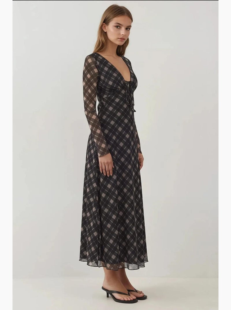 Vestido midi elegante justo aos quadrados com decote em v profundo hiccup Preto/Areia - Kiabi