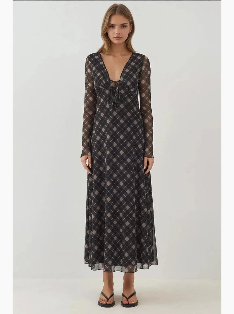 Vestido midi elegante justo aos quadrados com decote em v profundo hiccup Preto/Areia - Kiabi