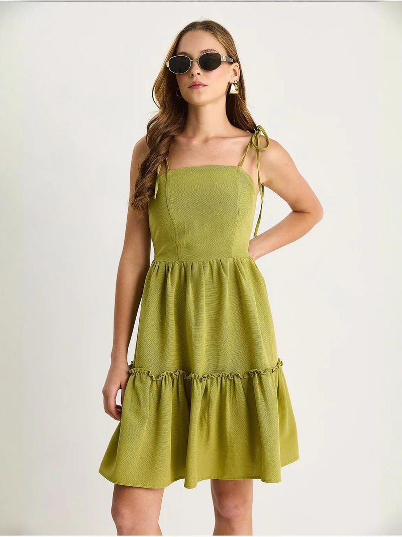 Vestido midi em a com decote quadrado e detalhe de vivo lucci Verde tília - Kiabi