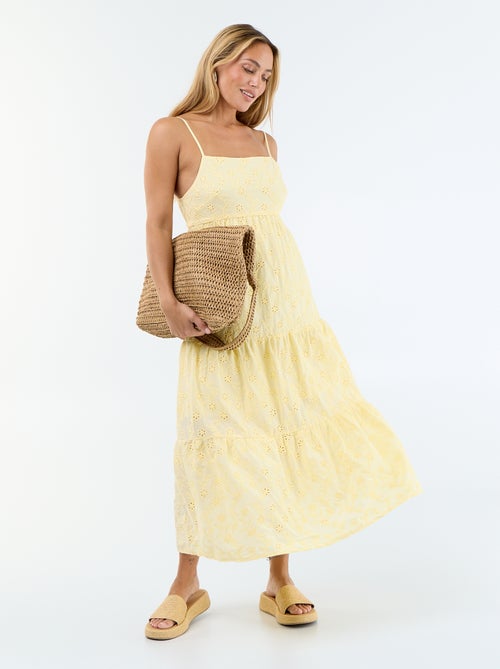 Vestido midi em bordado inglês com alças ajustáveis - Kiabi