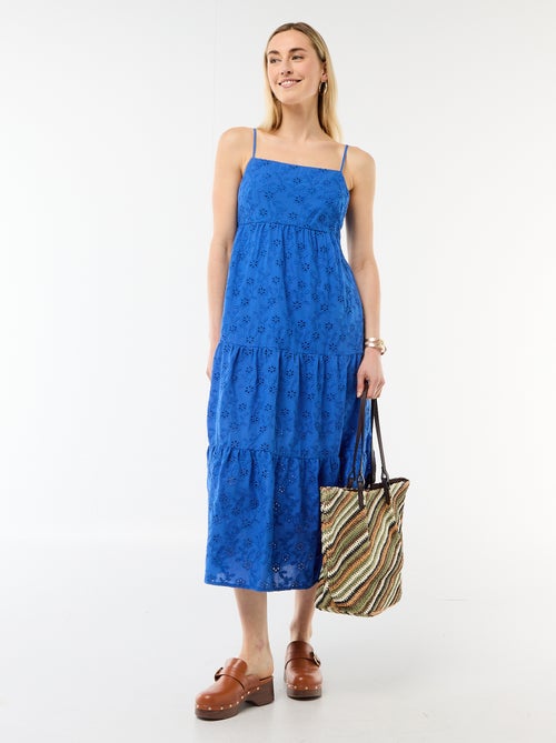 Vestido midi em bordado inglês com alças ajustáveis - Kiabi