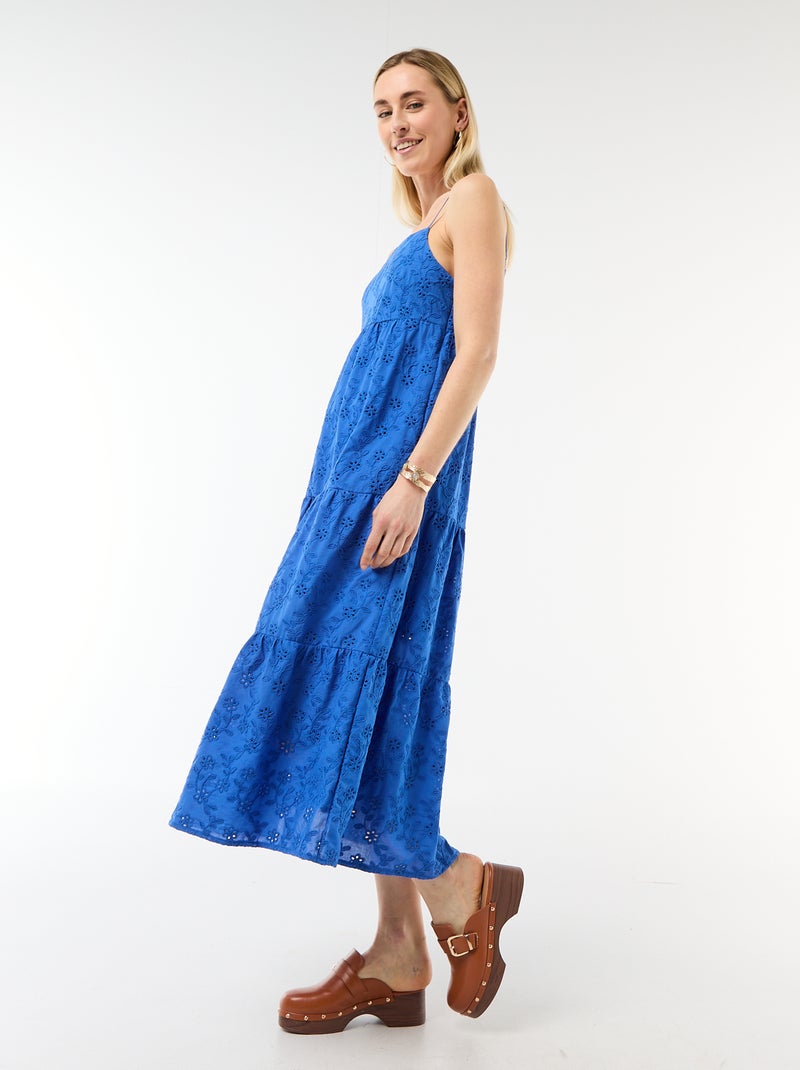 Vestido midi em bordado inglês com alças ajustáveis Azul - Kiabi
