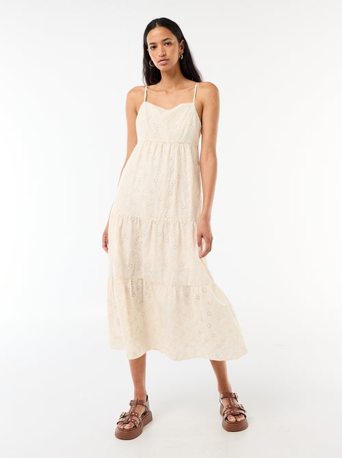 Vestido midi em bordado inglês com alças ajustáveis - Kiabi