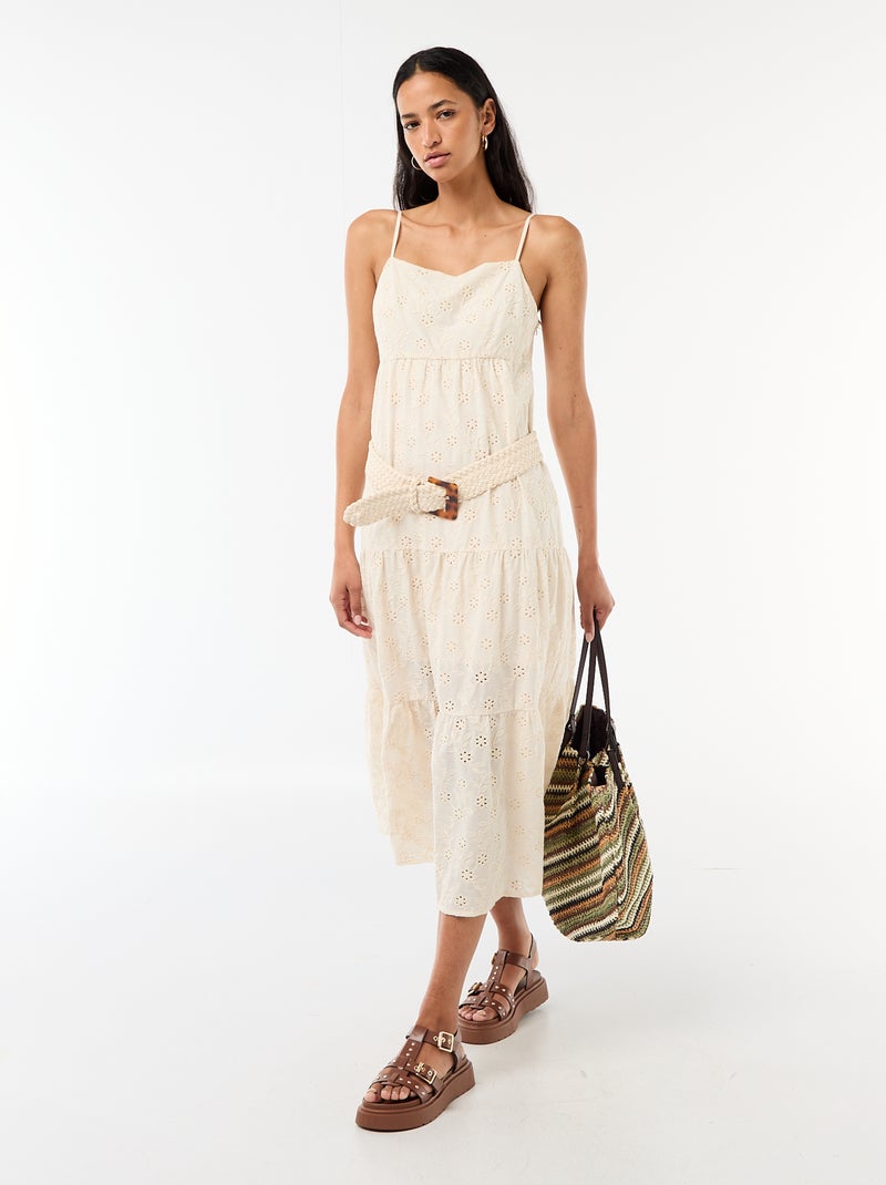 Vestido midi em bordado inglês com alças ajustáveis Bege - Kiabi