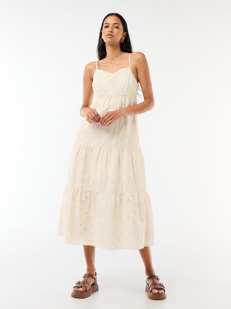 Vestido midi em bordado inglês com alças ajustáveis Bege - Kiabi
