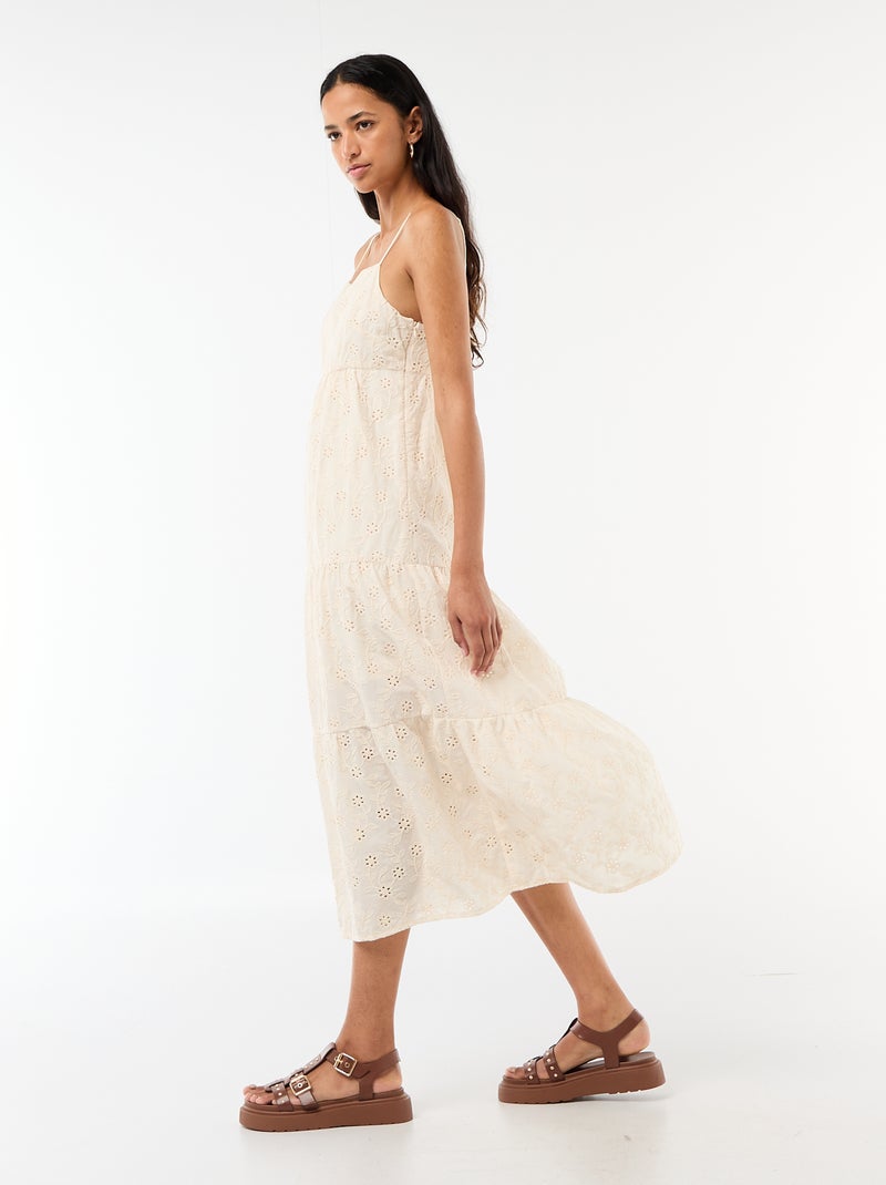 Vestido midi em bordado inglês com alças ajustáveis Bege - Kiabi