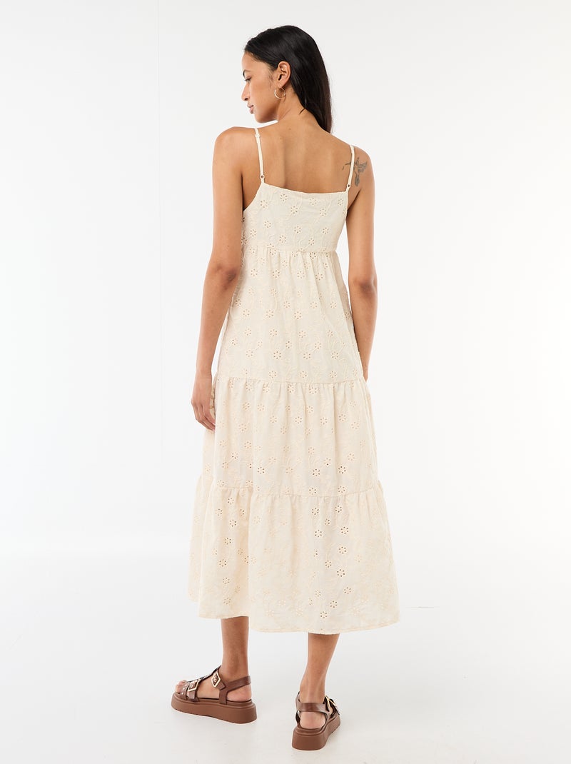 Vestido midi em bordado inglês com alças ajustáveis Bege - Kiabi