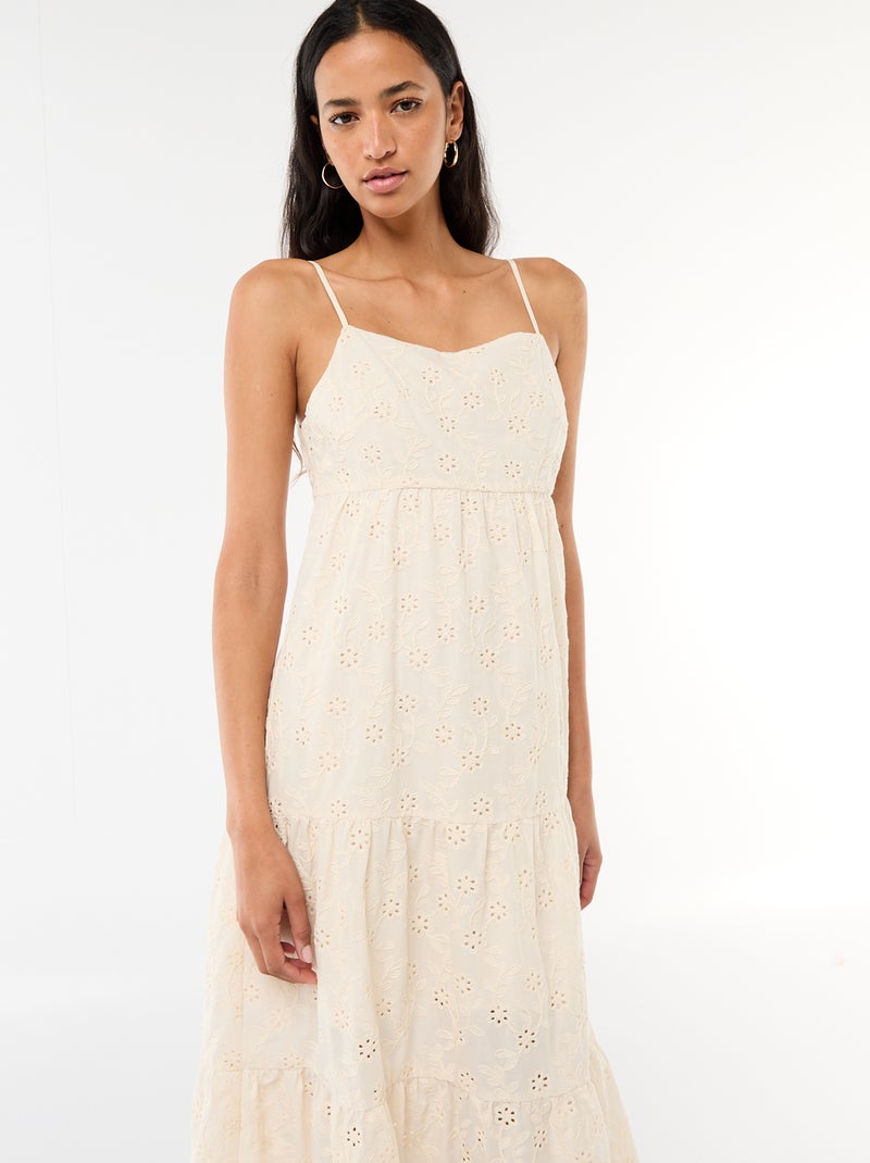 Vestido midi em bordado inglês com alças ajustáveis Bege - Kiabi