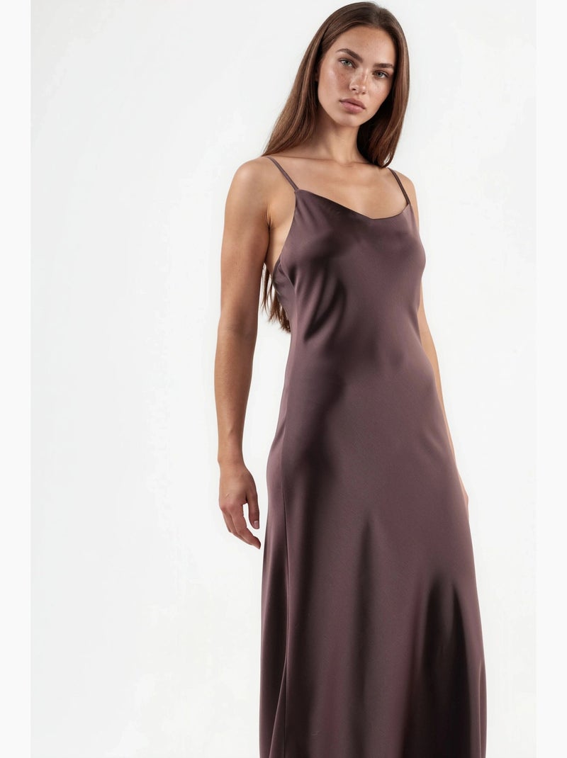 Vestido midi em cetim com decote em v e corte em a hiccup Malva - Kiabi