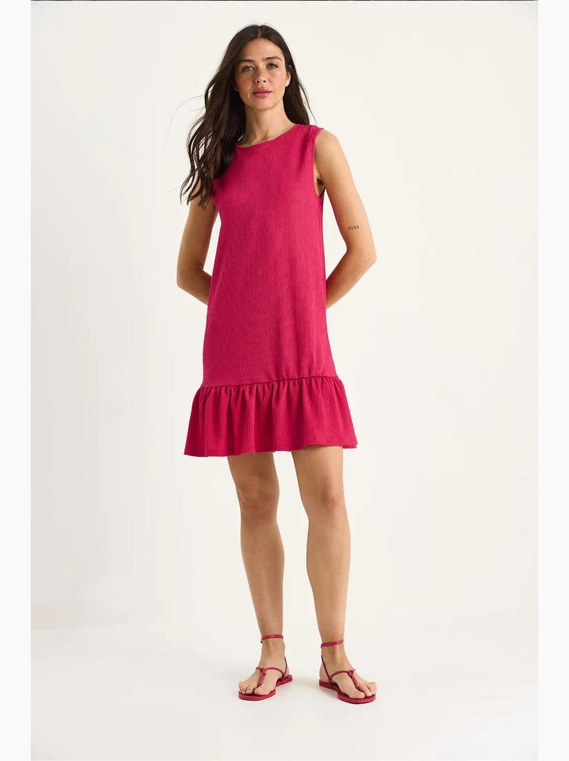 Vestido midi em crepe texturado com detalhe de folho lucci Magenta - Kiabi