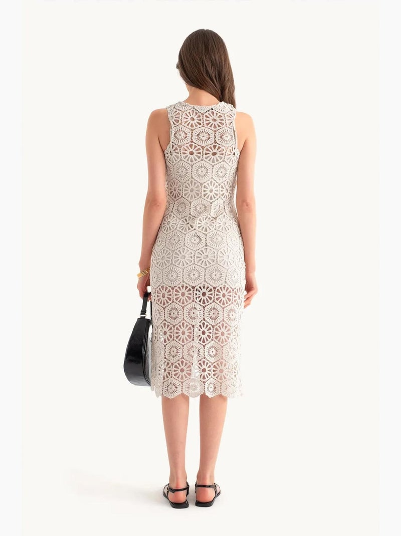 Vestido midi em crochê com decote redondo e renda hiccup Branco - Kiabi