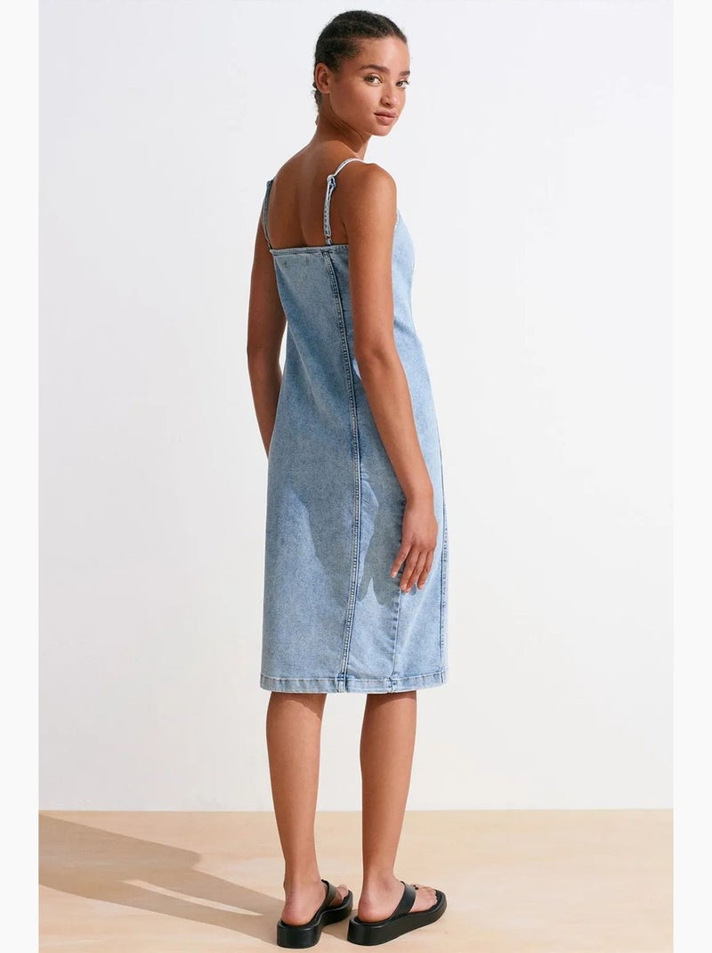 Vestido midi em ganga justo decote quadrado dilvin Azul claro - Kiabi