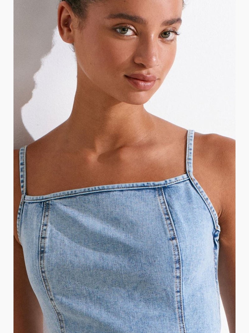 Vestido midi em ganga justo decote quadrado dilvin Azul claro - Kiabi