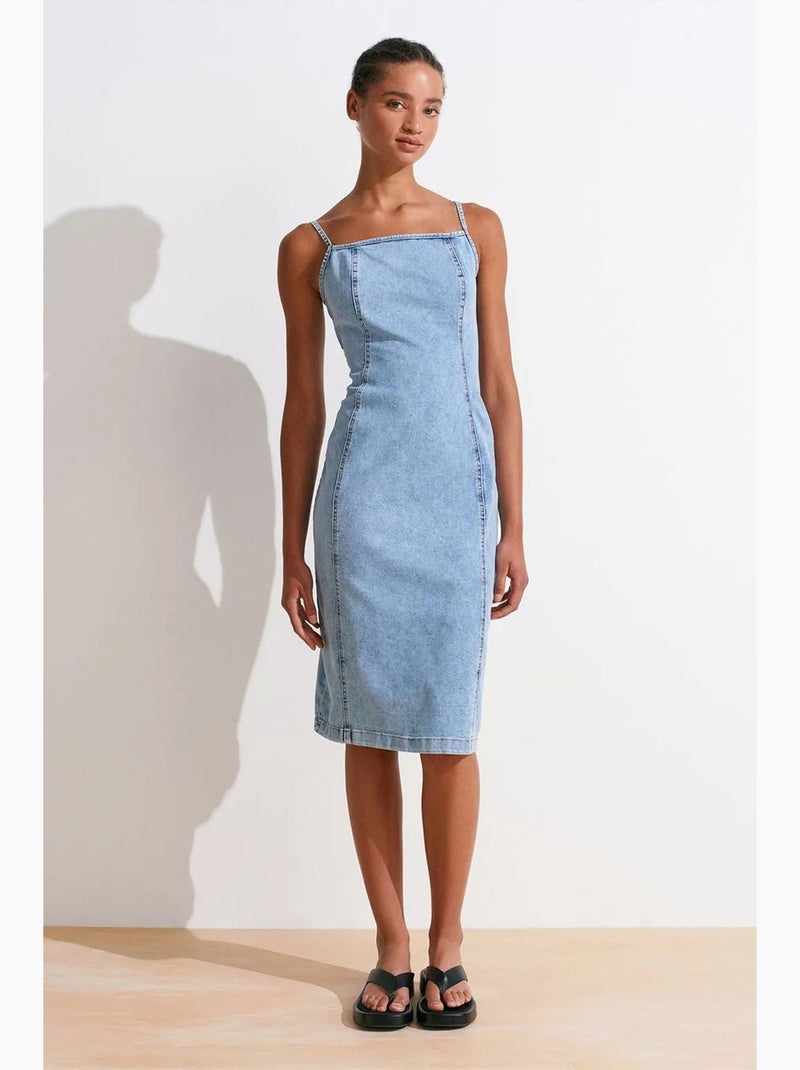 Vestido midi em ganga justo decote quadrado dilvin Azul claro - Kiabi