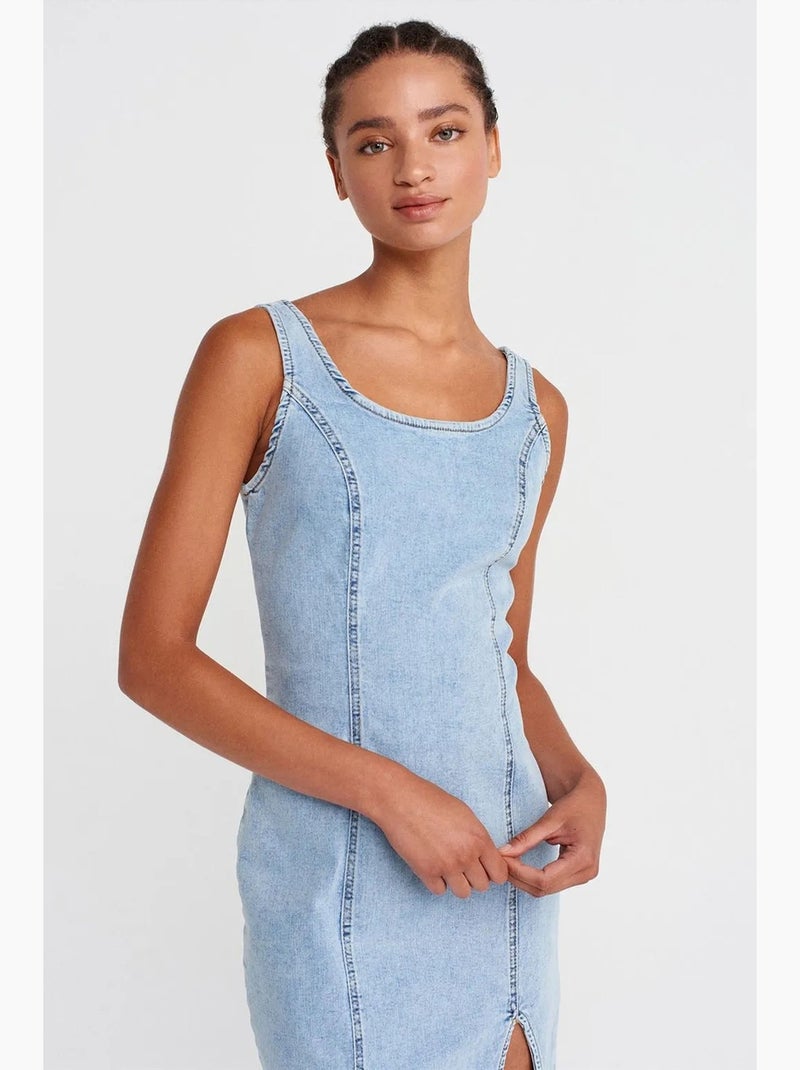 Vestido midi em ganga justo dilvin Azul claro - Kiabi