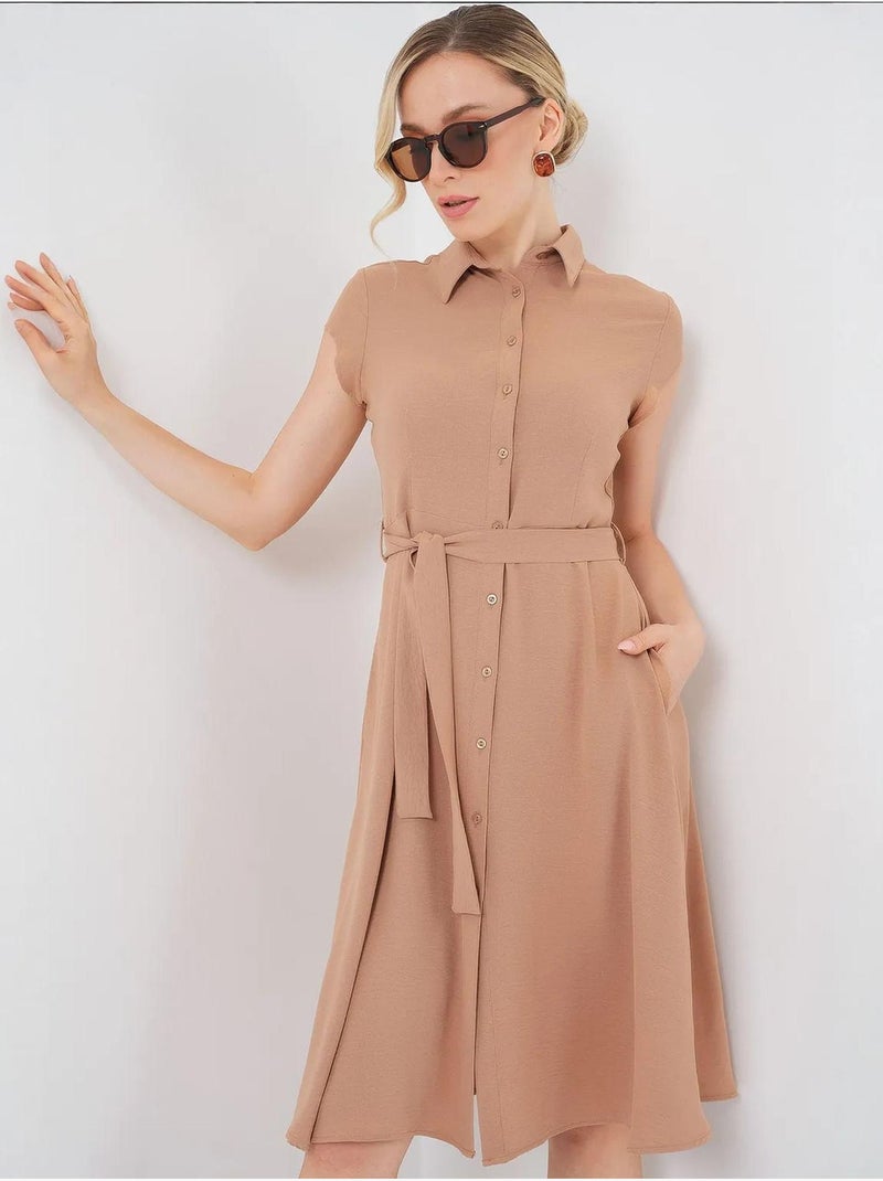 Vestido midi em linha a com colarinho de camisa, abotoamento e detalhe de viés bdart Castanho-claro - Kiabi