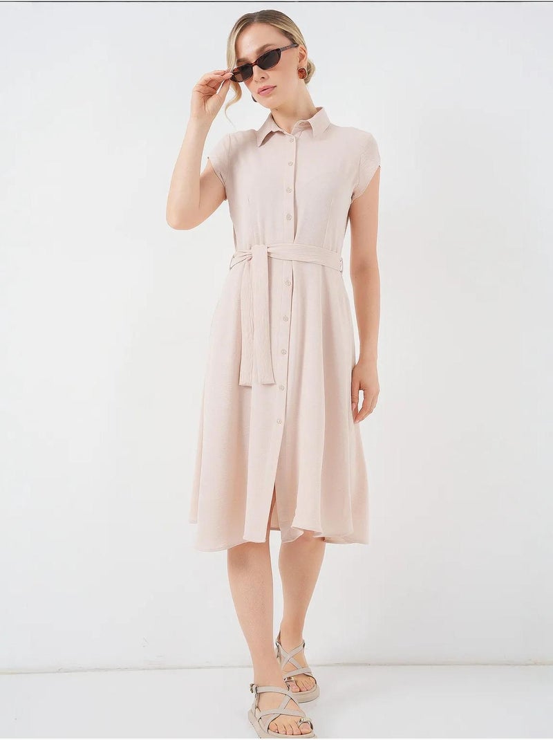 Vestido midi em linha a com colarinho de camisa, abotoamento e detalhe de viés bdart Creme - Kiabi