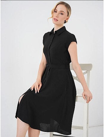 Vestido midi em linha a com colarinho de camisa, abotoamento e detalhe de viés bdart